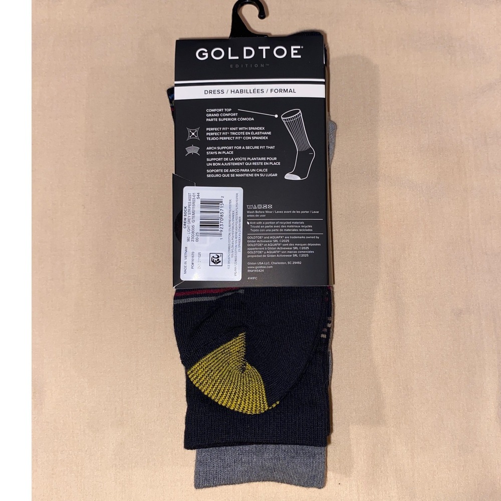 3 Pairs Gold Toe Mens Grey Black Striped Dress Crew Socks Aquafx Size 6-12.5 NEW - Picture 2 of 7